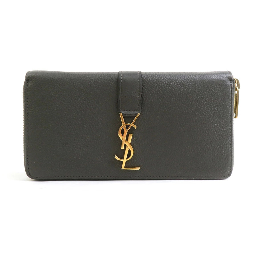 Saint Laurent round zipper long wallet leather Khaki Green brown gold